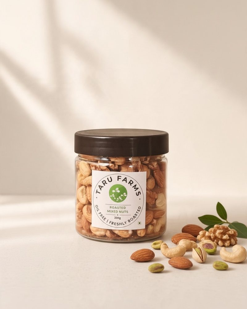 Taru Farms Roasted Mixed Nuts jar with almonds, cashews, walnuts and pistachios